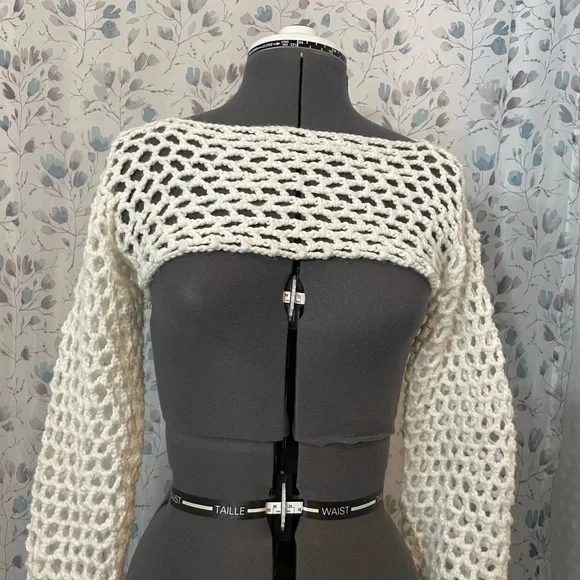 White, crocheted, Loose-fitted with flared long-sleeves and mesh 